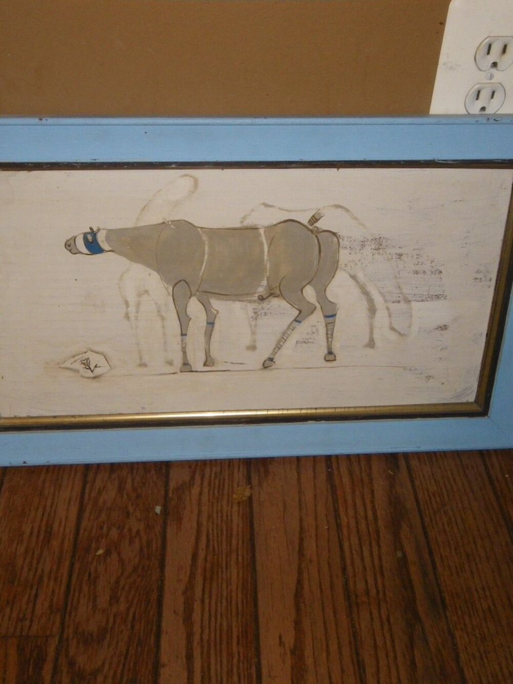 Vintage Painting Race Horse Rustic Primitavism Style Signed